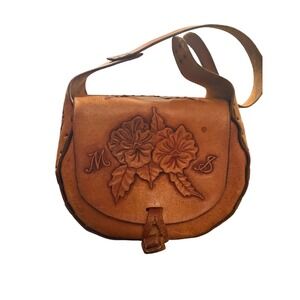 Vintage Hand Tooled Leather Floral Saddle Bag Tan Brown Western Boho Crossbody